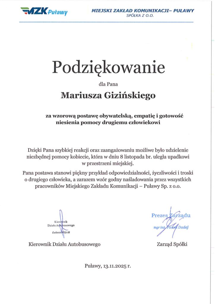 Nagroda dla kierowcy MZK Puławy za bohaterską postawę