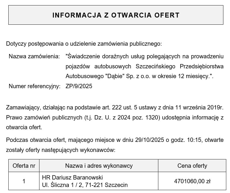Szczecin: Kto pojedzie autobusami SPAD? Jest jeden chętny w przetargu "na kierowców"