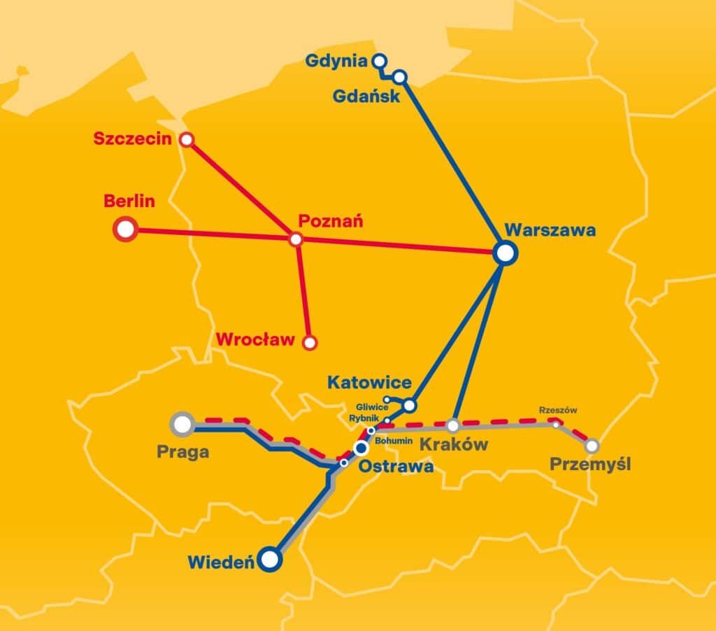 Od grudnia 2026 planujemy uruchomić linie

    Warszawa – Poznań – Wrocław
    Warszawa – Poznań – Berlin
    Warszawa – Poznań – Szczecin
    Gdynia – Gdańsk – Warszawa – Katowice – Ostrawa – Břeclav – Wiedeń
    Gdynia – Gdańsk – Warszawa – Katowice – Ostrawa – Praga
    Przemyśl – Kraków – Ostrawa – Břeclav – Wiedeń
    Kraków – Warszawa – Gdańsk – Gdynia
    Gliwice – Warszawa – Gdańsk – Gdynia
    Rybnik – Warszawa – Gdańsk – Gdynia
    Bohumin – Warszawa – Gdańsk – Gdynia