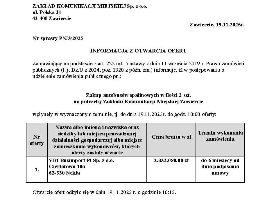 ZKM Zawiercie sprawdza oferty na minibusy. VBI Busimport składa jedyną ofertę