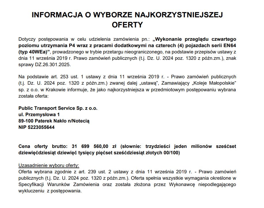 Rozstrzygnięcie przetargu na P4 EN64