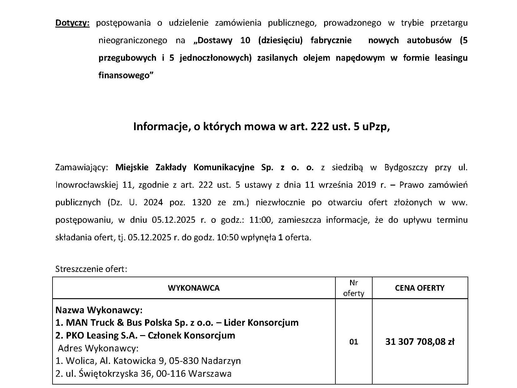 Nowy tabor dla MZK Bydgoszcz. Otwarto jedną ofertę wartą ponad 31 mln PLN
