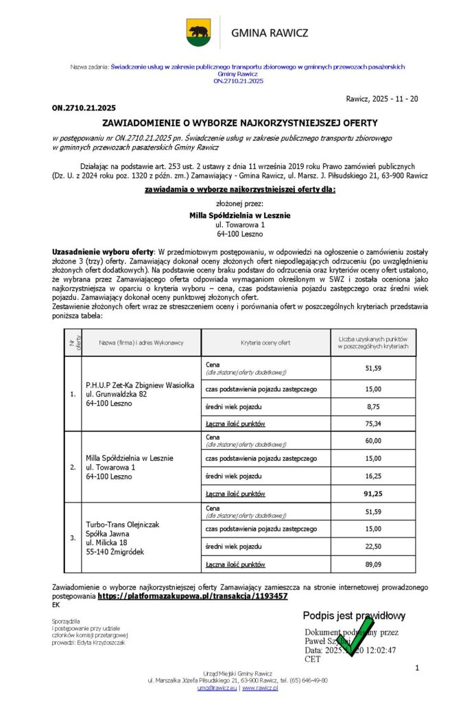 Publiczny transport w Rawiczu z nowym operatorem. Ofertę wygrała Milla
