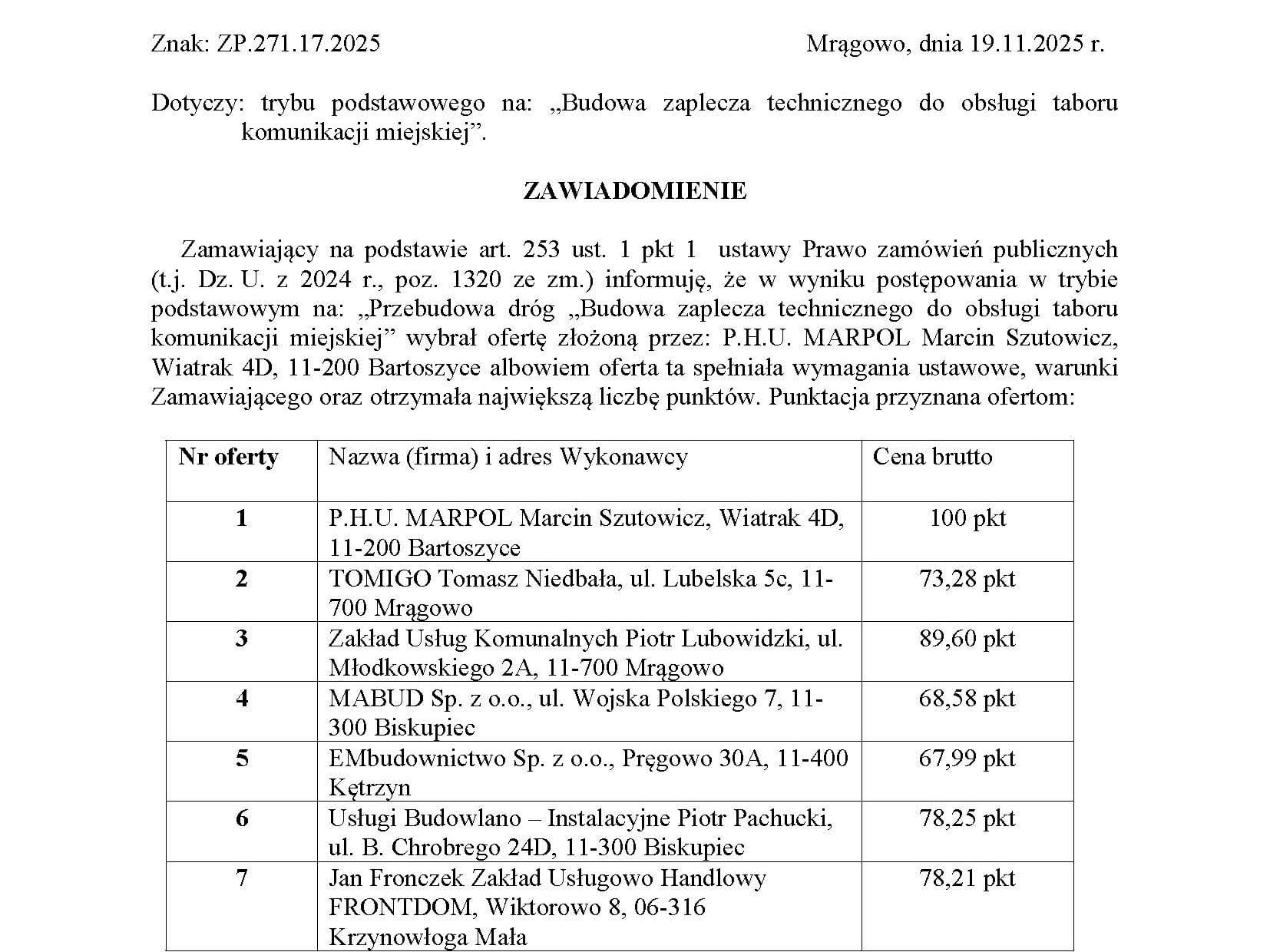 P.H.U. MARPOL z kontraktem na budowę zaplecza technicznego komunikacji miejskiej w Mrągowie