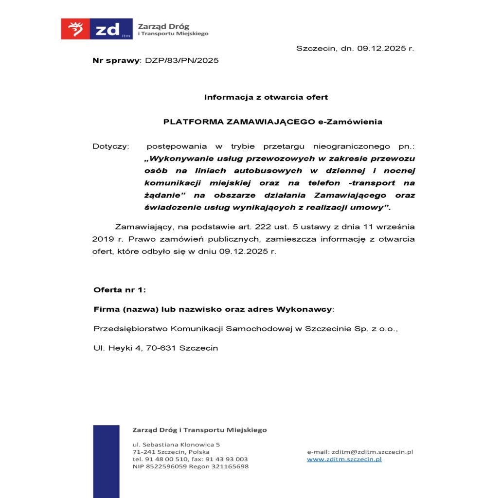 Roczne przewozy w Szczecinie: jedna oferta i prawie 73 mln PLN brutto na stole