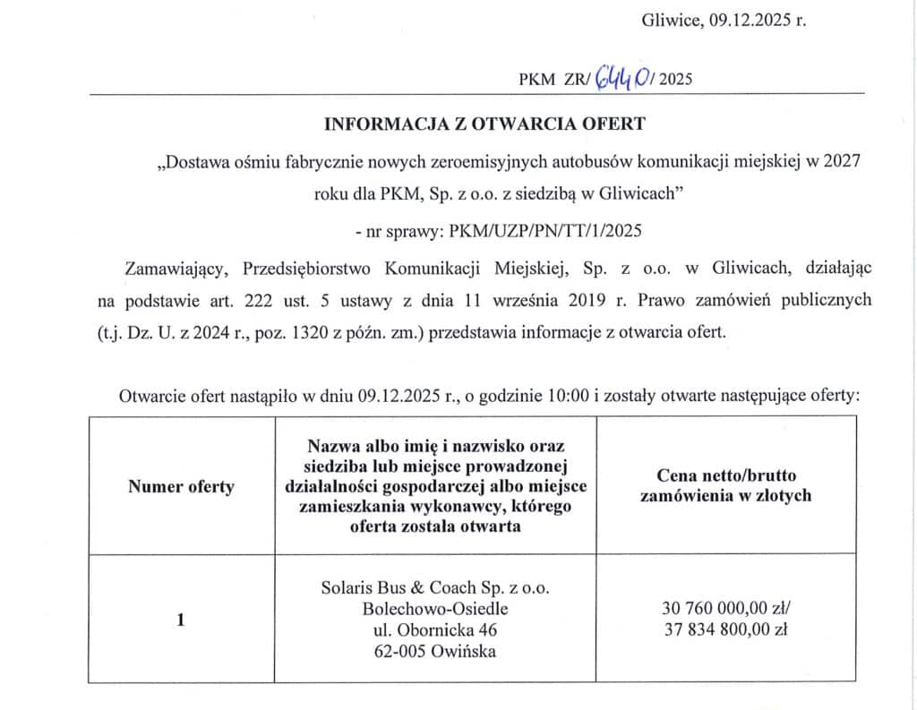 PKM Gliwice otworzył oferty na elektrobusy. Solaris jedynym oferentem