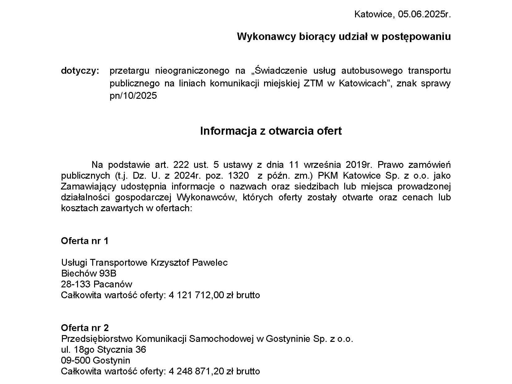 Katowice. Dwie oferty na obsługę linii ZTM.