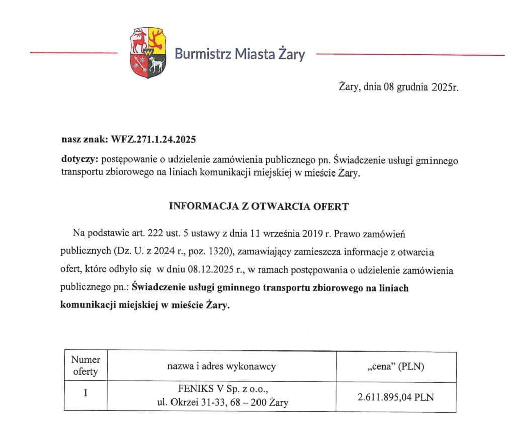 FENIKS V jedynym oferentem w przetargu na transport publiczny w Żarach