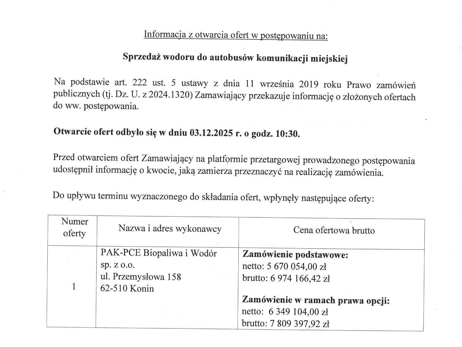 MZK Konin ma jedną ofertę na dostawy wodoru do autobusów NesoBus i Solaris.