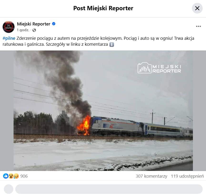 Inforail - Pożar lokomotywy PKP Intercity po wypadku na przejeździe w Błoniu