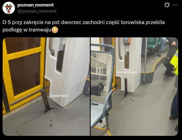 Infotram - Niebezpieczne zdarzenie na trasie PST w Poznaniu. Element torowiska przebił podłogę tramwaju